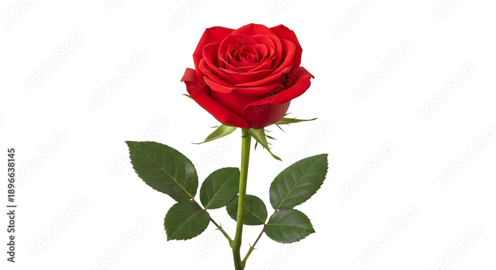 Naklejka premium Red rose bloom on long green stem with leaves and thorns isolated