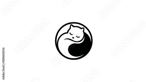 A yin-yang symbol featuring a sleeping cat silhouette, rendered in black and white, within a circle