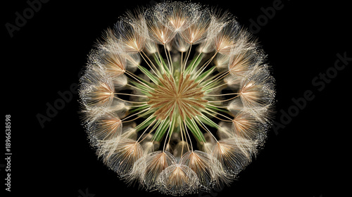 A close-up, centered view of a dandelion seed head against a black background