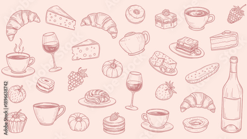 Delicious Assortment of Hand-Drawn Pastries, Desserts, and Beverages.