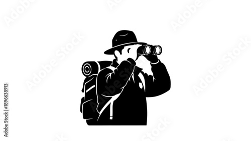 Illustration of a man with a backpack looking through binoculars on a white background.