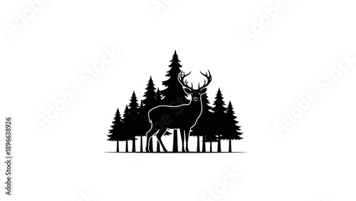 Black silhouette of a deer with large antlers standing among trees.