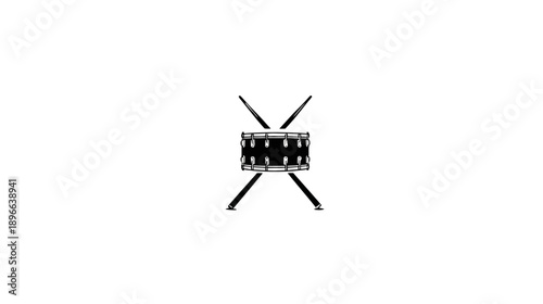 A simple black and white drum image with drumsticks crossed in front