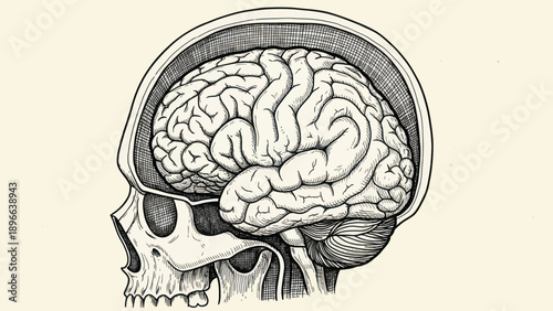 Detailed anatomical illustration of human skull and brain side view.