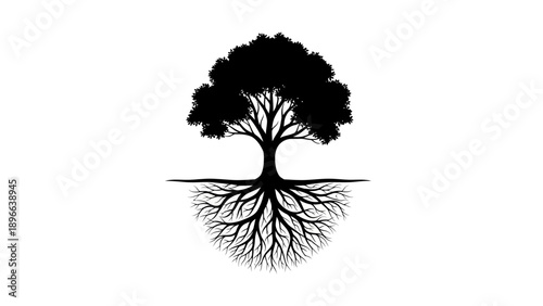 Silhouette of a tree with roots on a white background, vector illustration.