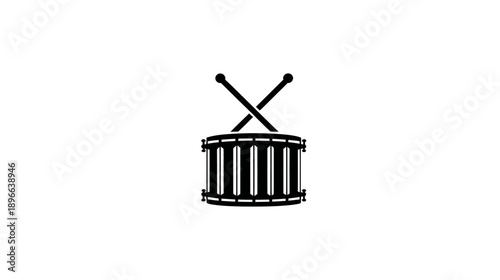 A simple, symmetrical black and white logo, depicting a snare drum and crossed drumsticks