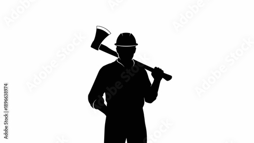 Silhouette of a lumberjack with an axe on his shoulder against a white background.