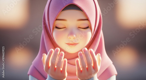 A serene woman wearing a pink hijab with eyes closed, hands outstretched in a peaceful gesture, captured in a soft, blurred background