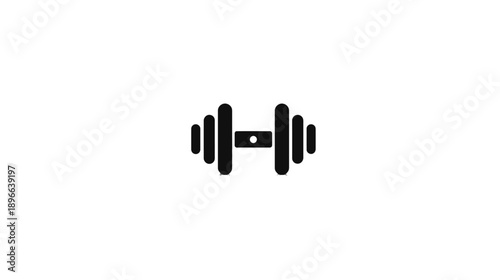 A minimalist monochrome dumbbell graphic. Central handle connects two weight stacks on white background