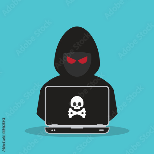 Hacker at laptop icon. Flat illustration of hacker at laptop vector icon for web design	