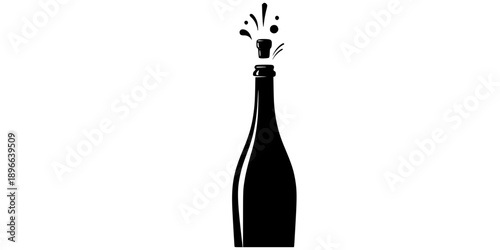 Minimalist black champagne bottle with cork popping silhouette vector icon
