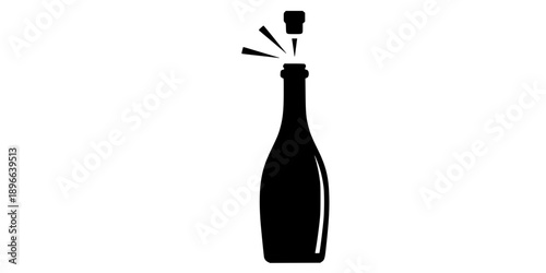 Minimalist black champagne bottle with cork popping silhouette vector icon
