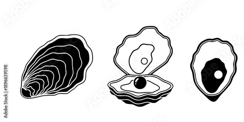 Set of Minimalist black oyster shell seafood silhouette vector icon
