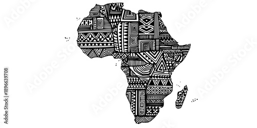 Minimalist black African map with tribal ethnic patterns silhouette vector icon
