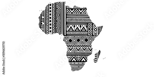 Minimalist black African map with tribal ethnic patterns silhouette vector icon
