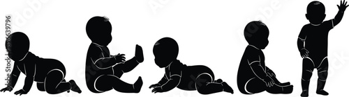 Colorful silhouettes of baby development stages including crawling, sitting, lying, standing, playful poses, educational illustration of childhood growth and motor skills