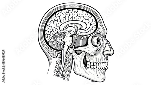 Detailed illustration of a human brain and skull in profile view.