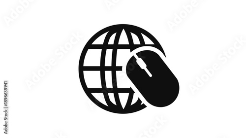 A simple black and white icon, featuring the earth globe next to a computer mouse