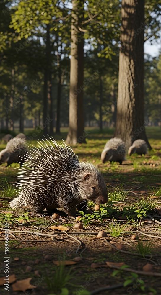 Obraz premium Porcupines Foraging in the Forest - A Natural Wildlife Scene.
