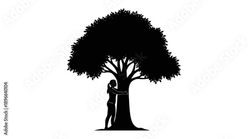 Silhouette of a woman hugging a large tree trunk in nature.