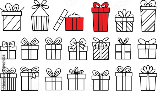 gift box hand drawn present icons stripes bows open lid set