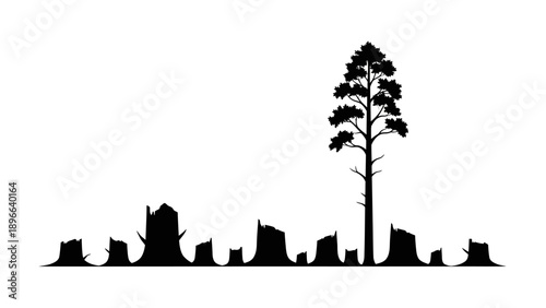 Silhouette of a lone tree standing among tree stumps, symbolizing deforestation and environmental issues.