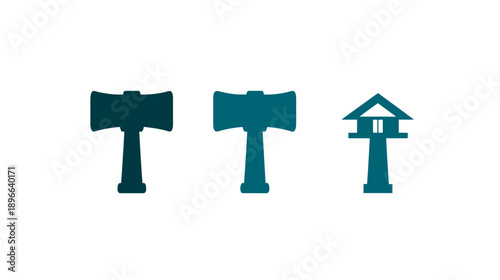 Three teal icons of different shapes on a white background two axes and a lighthouse