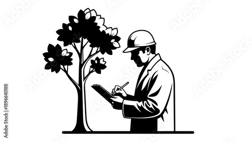 Man in hard hat examining tree with clipboard.