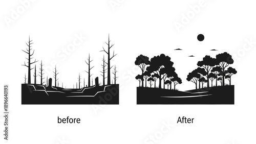 Before and after deforestation illustration showing environmental recovery and reforestation.