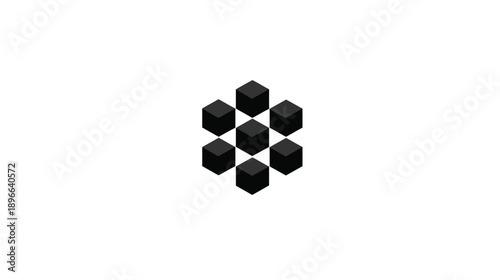 Seven 3D cubes in a symmetrical arrangement against a clean white backdrop, forming a centralized design