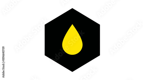 Geometric illustration featuring a yellow teardrop within a black, hexagonal frame on a white background