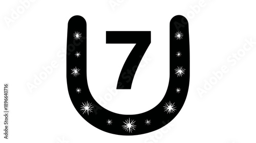 Black graphic comprised of a number 7 within a horseshoe-like shape filled with starbursts