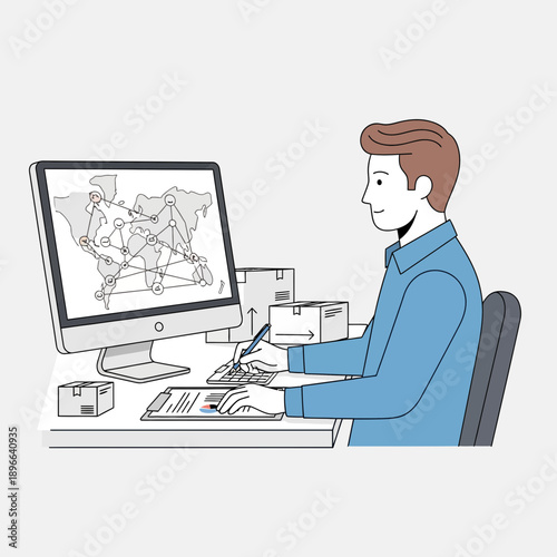Man working on logistics and global distribution on computer