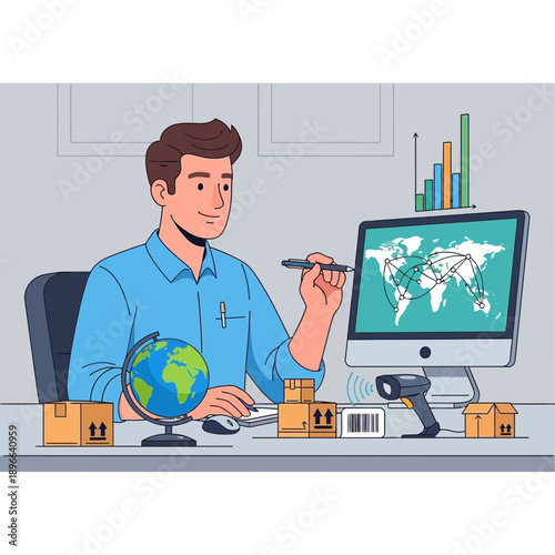 Man working with logistics, global shipping and delivery on computer