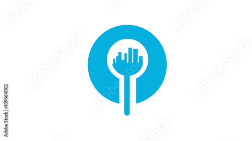 A modern abstract logo featuring a blue circle with an inner stylized magnifying glass showing a skyline