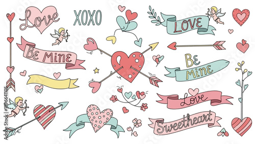 Hand-drawn Valentines Day elements with hearts, arrows, and romantic banners.