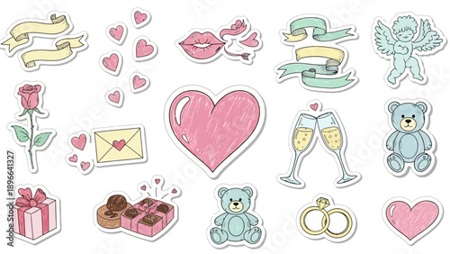 Valentines Day Stickers Collection with Hearts, Roses, and Gifts.