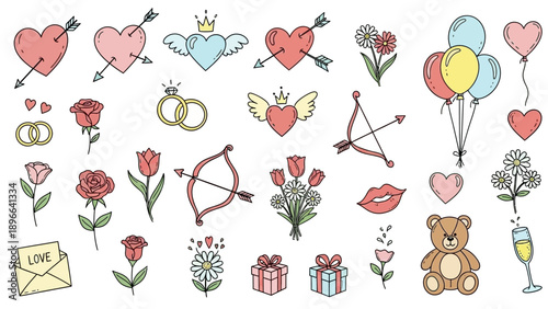 Valentines Day Symbols and Romantic Icons Collection.