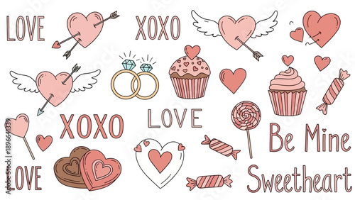 Valentines Day Sweet Treats and Love Symbols Collection.