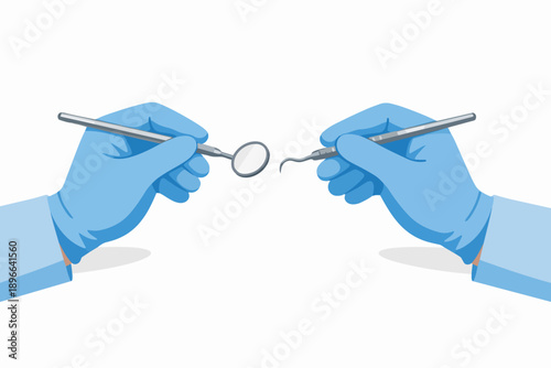 Dentist hands in blue gloves holding dental mirror and explorer tool for checkup
