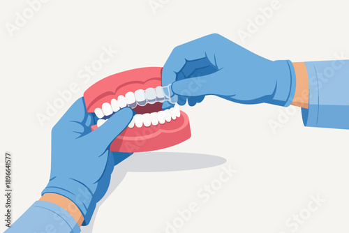 Doctor hands fitting transparent aligner on dental model for orthodontic treatment