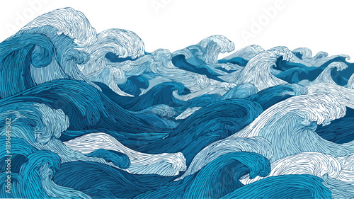 Blue Waves Vector Pattern with Outline Isolated on White Background