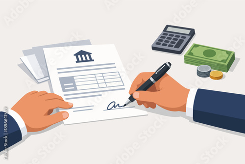 Hand signing banking loan agreement dokument, business contract for financial investment