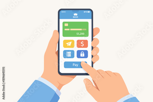 Hand using smartphone for mobile banking app, making secure online payment