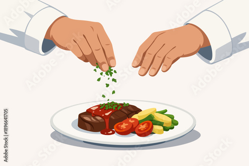 Chef garnishing grilled steak with herbs, gourmet food plating and cooking