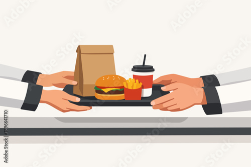 Hands serving fast food meal on a tray, offering quick service and takeout