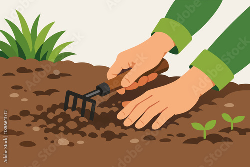 Hands cultivating soil, planting seeds, and working in a garden