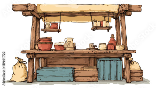 Cartoon Style Market Stall Wooden Stand Isolated Vector for Design Projects