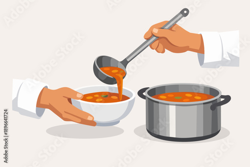 Hand serving hot soup from cooking pot into receiver's bowl with ladle