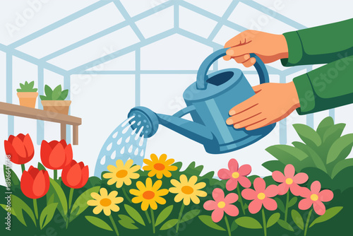 Person watering blooming flowers in greenhouse, promoting gardening and plant care